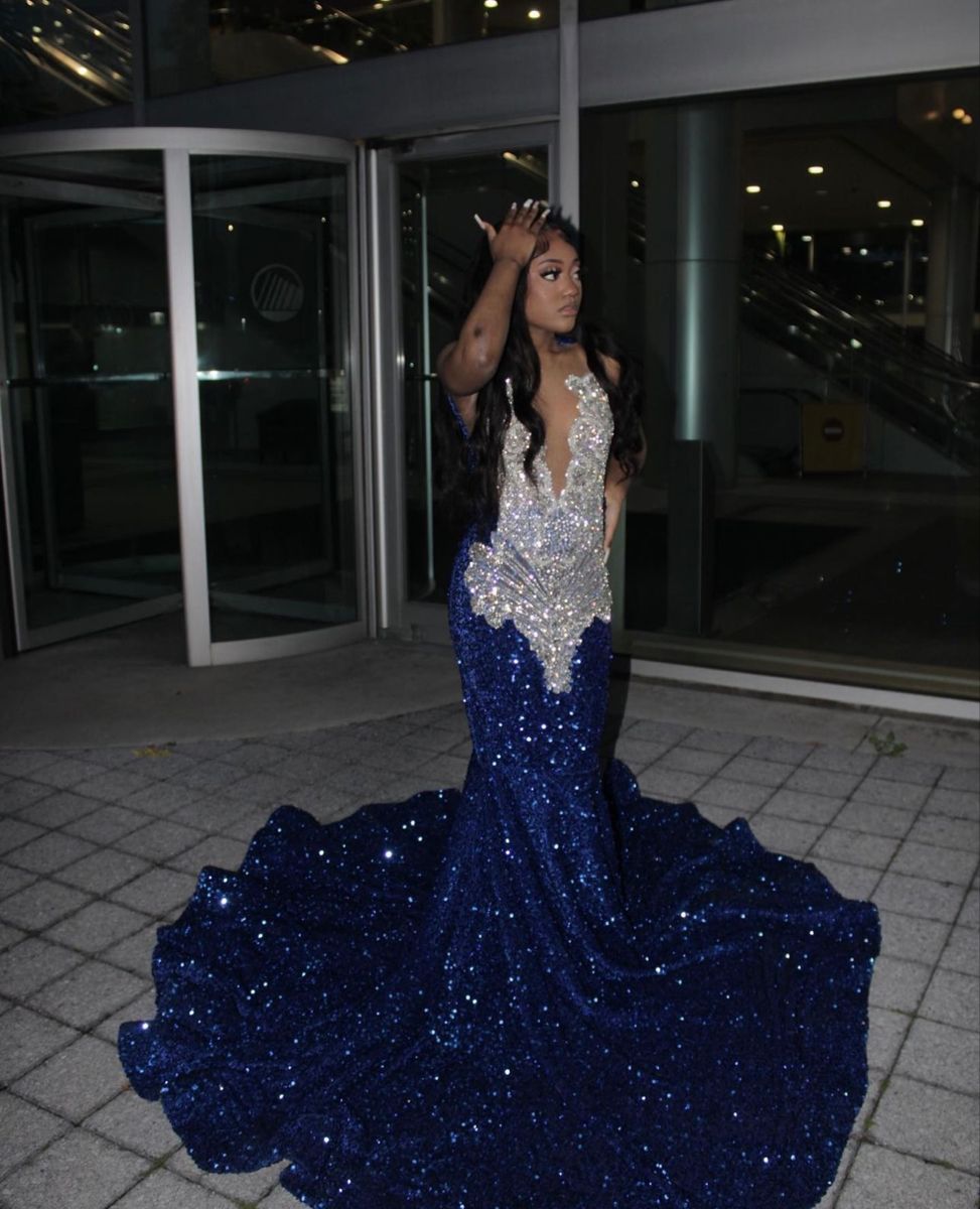 Vestido de fiesta largo y ajustado, estilo sirena, con lentejuelas azul marino, estilo africano formal.