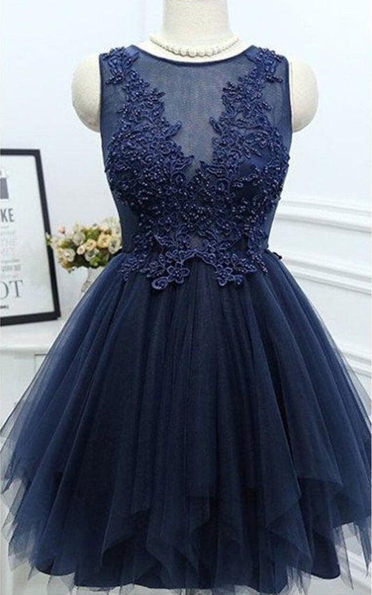 Vestido de fiesta semiformal de tul, sin mangas, con apliques y cuentas, corte en A, color azul marino oscuro
