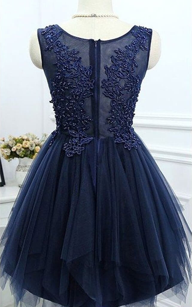 Vestido de fiesta semiformal de tul, sin mangas, con apliques y cuentas, corte en A, color azul marino oscuro