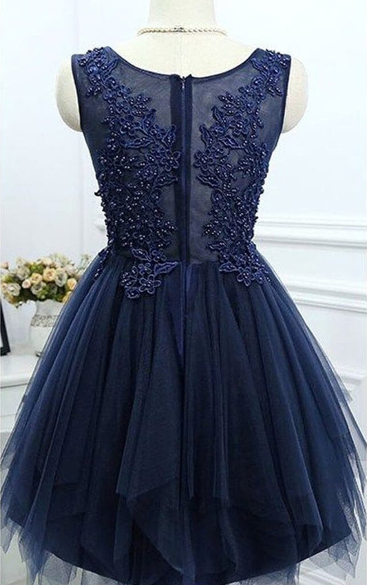 Vestido de fiesta semiformal de tul, sin mangas, con apliques y cuentas, corte en A, color azul marino oscuro