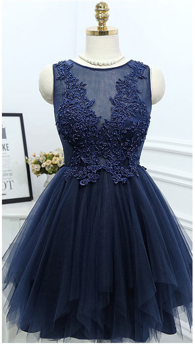 Vestido de fiesta semiformal de tul, sin mangas, con apliques y cuentas, corte en A, color azul marino oscuro
