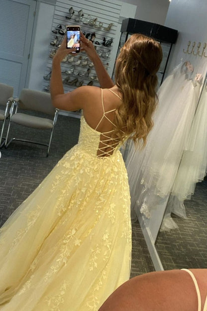 Daffodil Tulle Long Prom Dresses, Floral Appliques Formal Evening Dress GP148