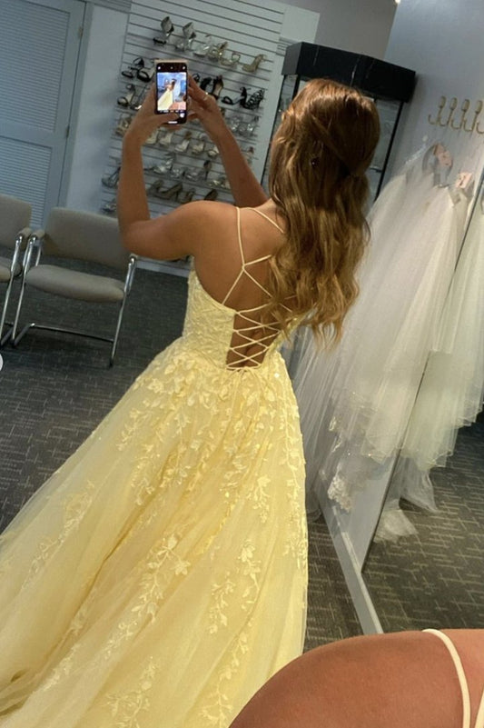 Daffodil Tulle Long Prom Dresses, Floral Appliques Formal Evening Dress GP148
