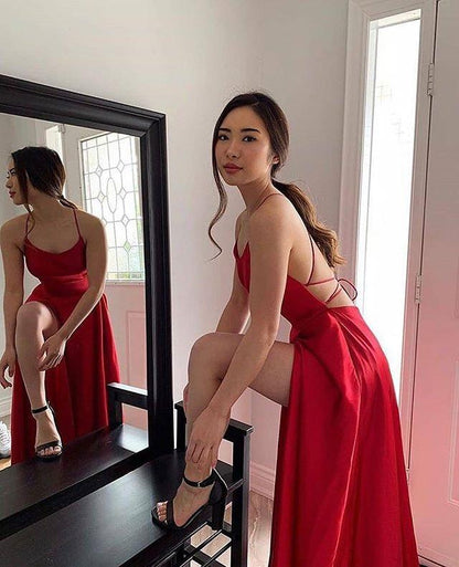 Simple Red Sleeveless Long Prom Dress Satin Backless Evening Gown GP161