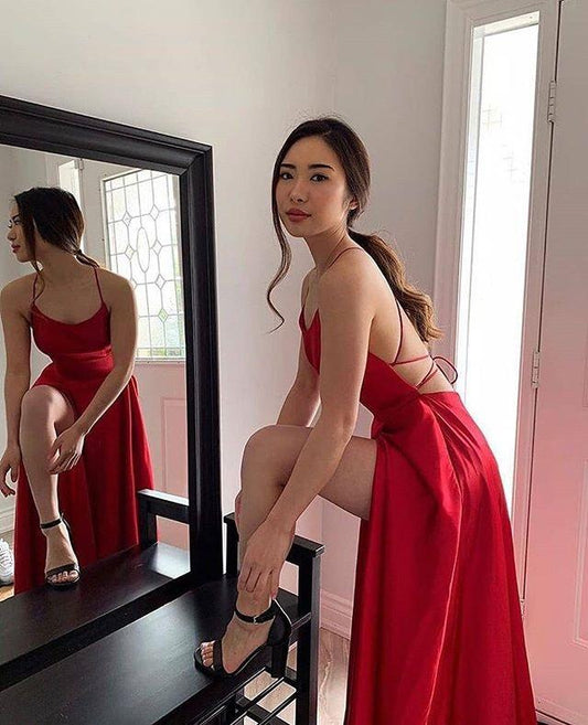 Simple Red Sleeveless Long Prom Dress Satin Backless Evening Gown GP161