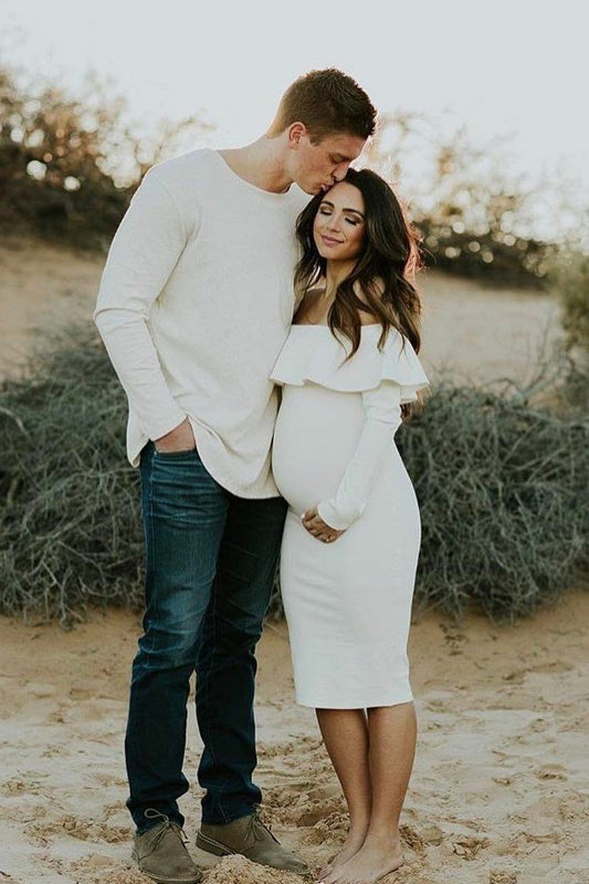 Vestido de maternidad corto con hombros descubiertos y mangas largas con volantes, vestido de noche