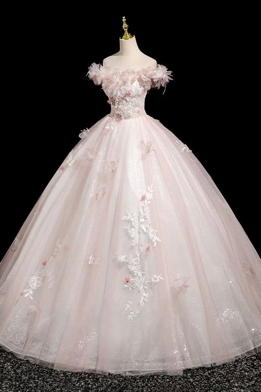 Pink Tulle Lace Long Prom Dress, A-Line Off the Shoulder Evening Party Dress