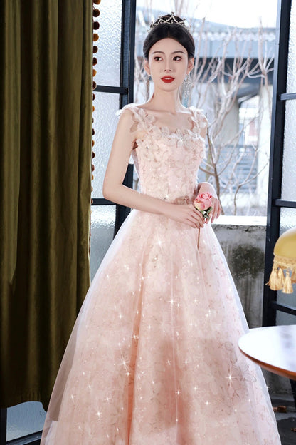 Pink Flowers Tulle Long Prom Dress, Pink A-line Evening Party Dress