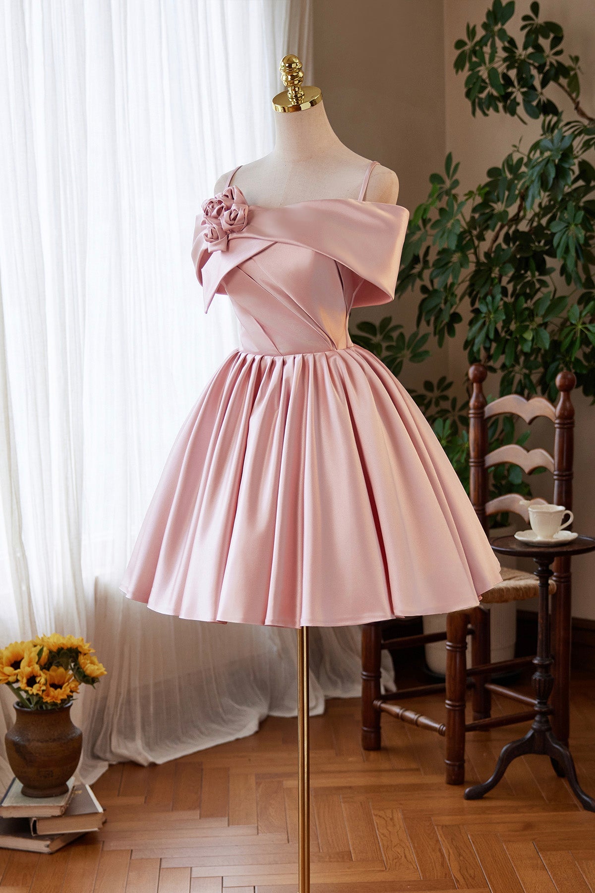 Pink Satin Long Prom Dress, Pink Off the Shoulder Homecoming Party Dress