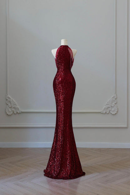 Burgundy Sequins Long Prom Dress, Mermaid Evening Party Dress