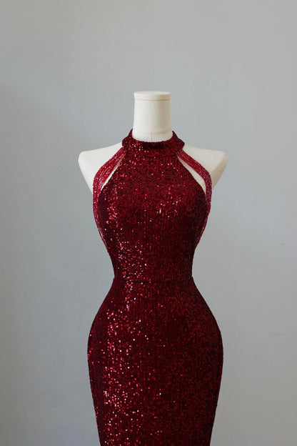 Burgundy Sequins Long Prom Dress, Mermaid Evening Party Dress