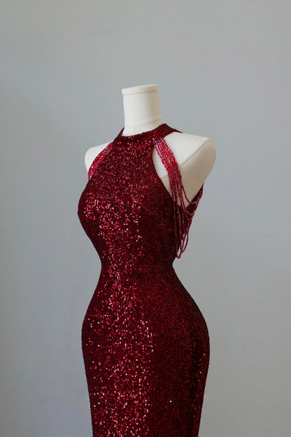 Burgundy Sequins Long Prom Dress, Mermaid Evening Party Dress