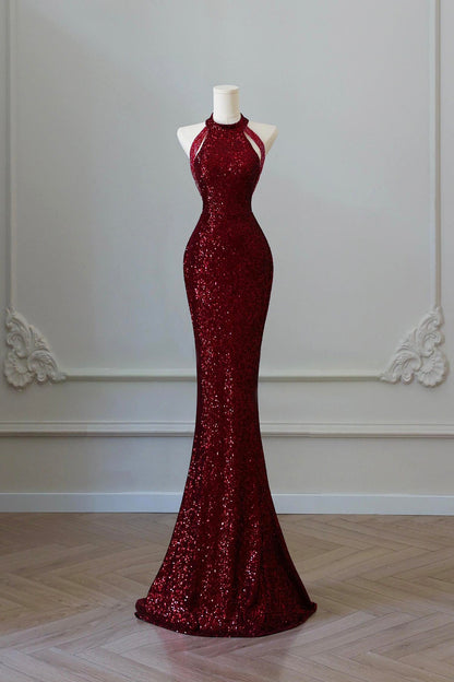 Burgundy Sequins Long Prom Dress, Mermaid Evening Party Dress
