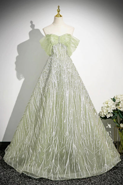 Green Tulle Sequins Long Prom Dress, Beautiful Off the Shoulder Party Dress