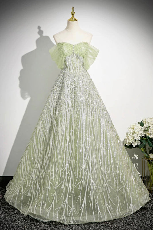 Green Tulle Sequins Long Prom Dress, Beautiful Off the Shoulder Party Dress