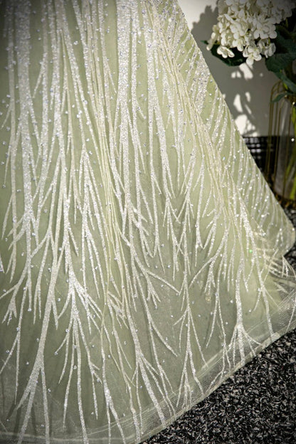 Green Tulle Sequins Long Prom Dress, Beautiful Off the Shoulder Party Dress