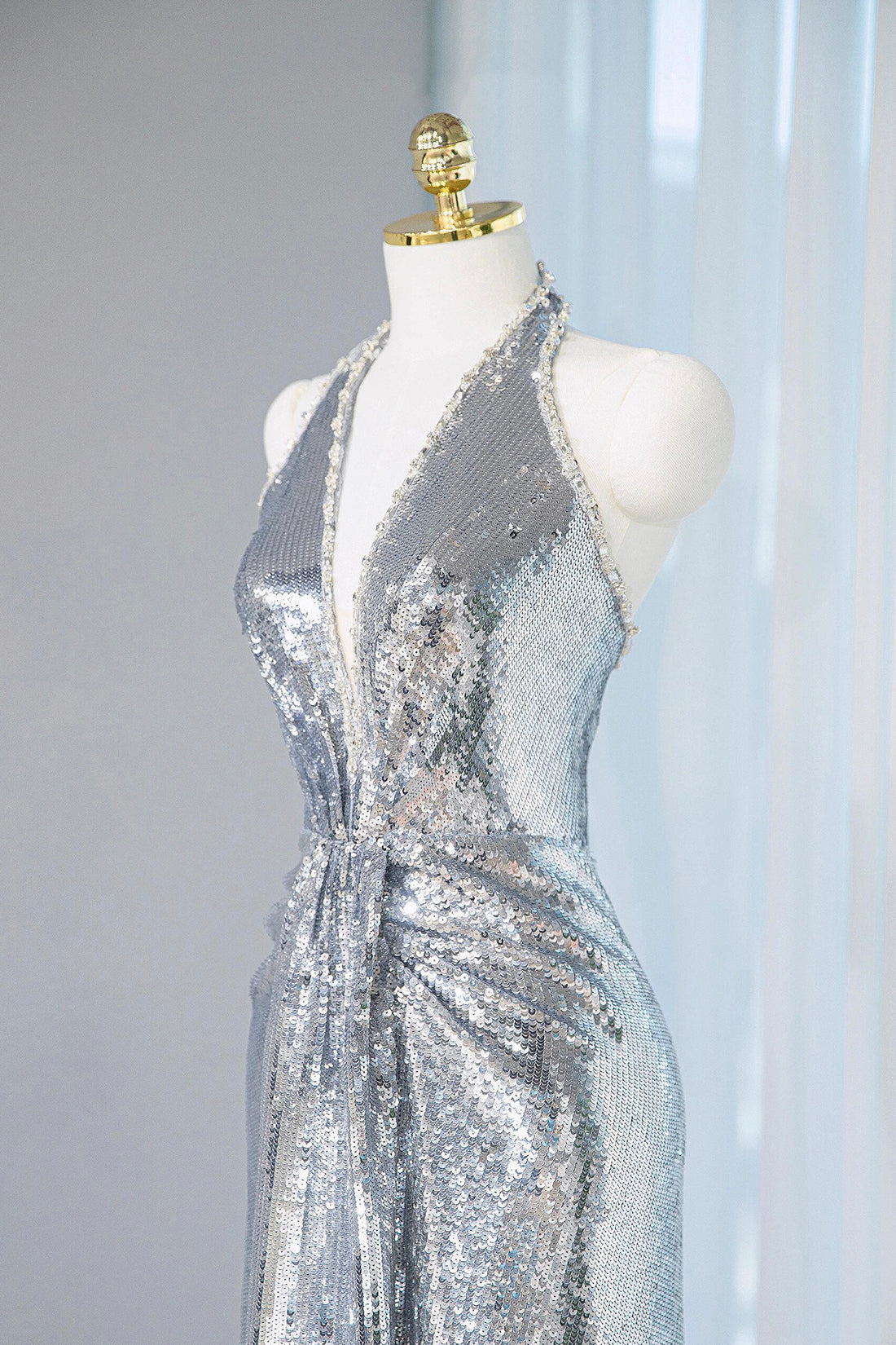 Silver Sequins Long Prom Dress, Shiny V-Neck Evening Party Dress