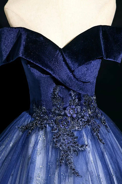Blue Velvet and Tulle Long A-Line Prom Dress, Elegant Off the Shoulder Party Dress