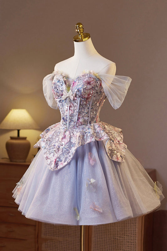 Lilac Tulle Floral Short Prom Dress, Lovely A-Line Evening Party Dress