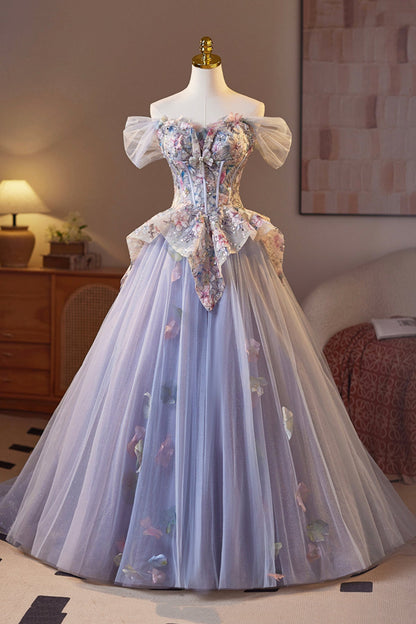 Lilac Tulle Floral Floor Length Prom Dress, Lovely A-Line Evening Party Dress