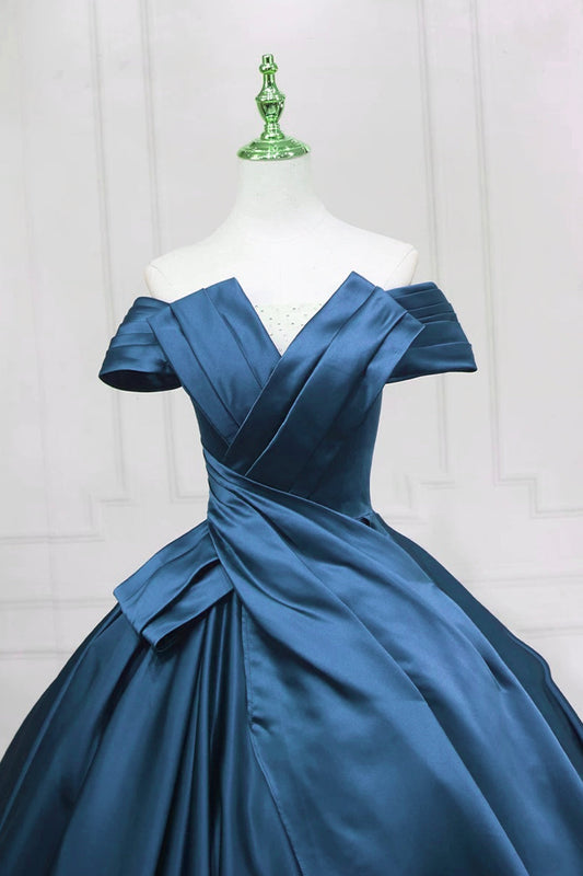 Blue Satin Long Formal Dress, Elegant A-line Princess Prom Dress