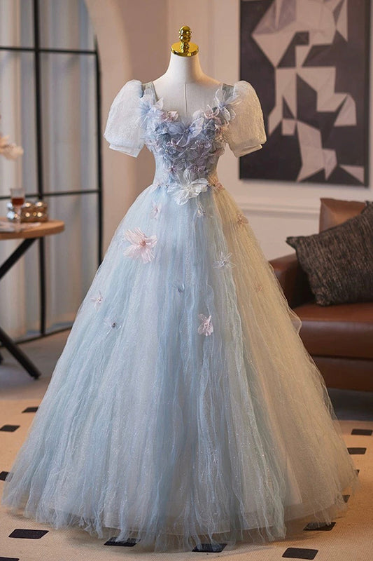 Blue Tulle Flower Long Prom Party Dress, Lovely A-Line Short Sleeve Party Dress