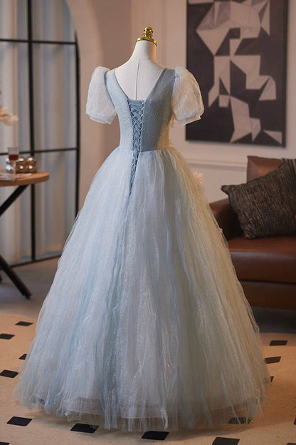 Blue Tulle Flower Long Prom Party Dress, Lovely A-Line Short Sleeve Party Dress