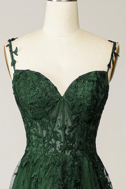 Green Tulle Lace Long Prom Dress, Beautiful Spaghetti Straps Formal Dress
