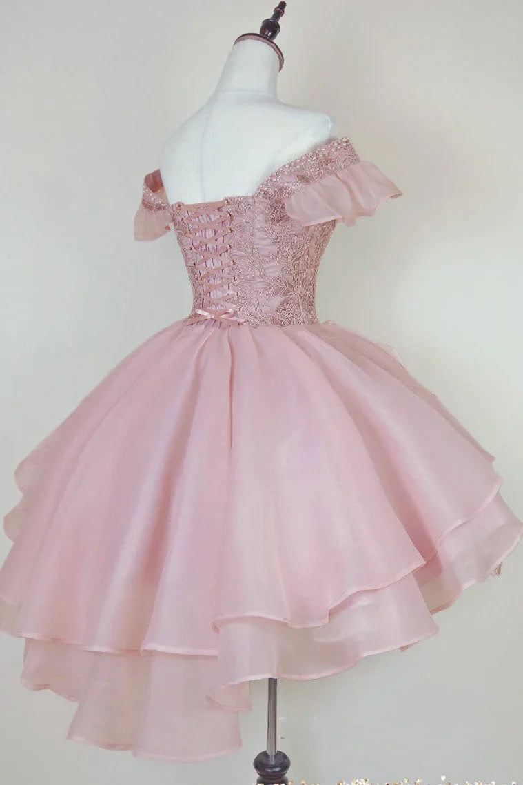 Vintage Pink Beading Design Short Evening Dress, A-line Off-the-shoulder Homecoming Dress TP3396