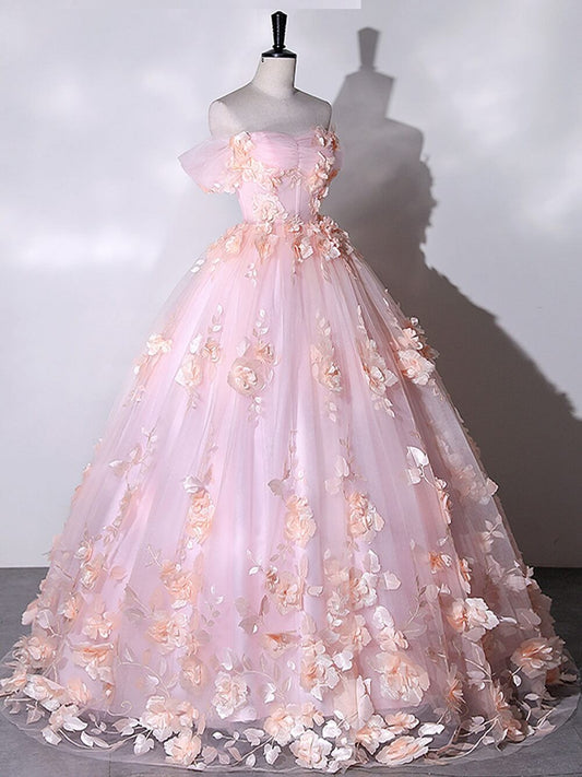Impresionante vestido de fiesta con hombros descubiertos y estampado floral rosa, vestido de quinceañera.