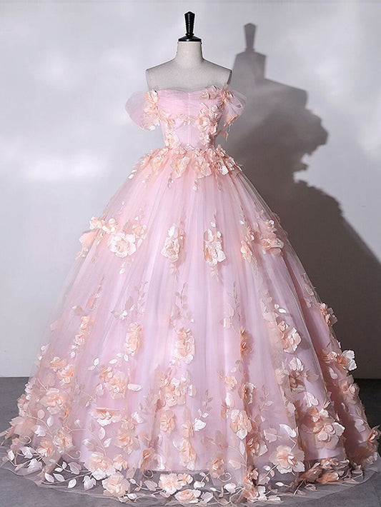 Impresionante vestido de fiesta con hombros descubiertos y estampado floral rosa, vestido de quinceañera.
