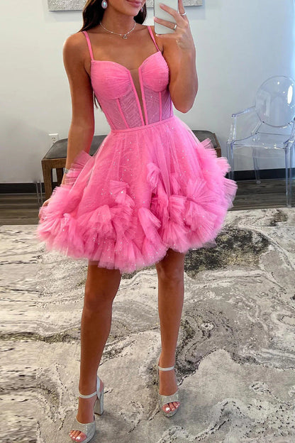 Sparkly A Line Corset Bodice Tulle Short Homecoming Dresses, Pink Sweet 16 Dress GM674