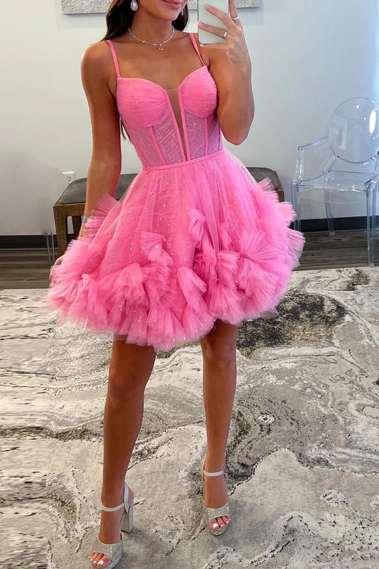 Sparkly A Line Corset Bodice Tulle Short Homecoming Dresses, Pink Sweet 16 Dress GM674