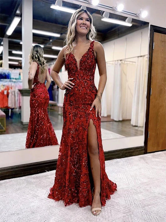 Blue/red fashion shiny v neck sleeveless floor length elegant sexy slit prom dress evening gown party dress gh2917