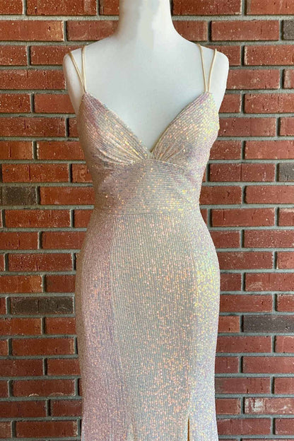 V Neck Straps Sequined Mermaid Prom Dresses, Long Slit Evening Dresses GP404