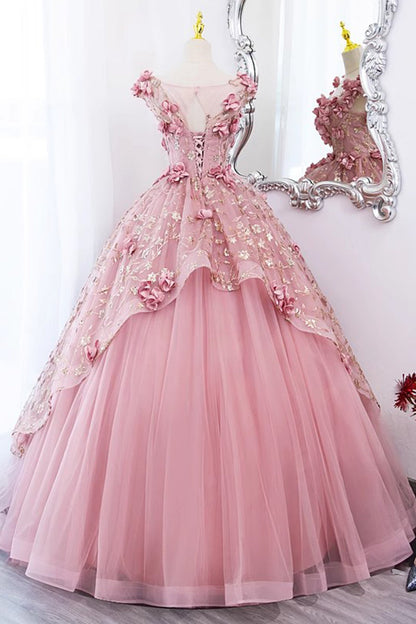 Princess Pink Tulle Long Prom Dresses, Ball Gown Flowers Quinceanera Dress GP539
