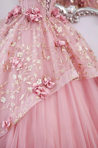 Princess Pink Tulle Long Prom Dresses, Ball Gown Flowers Quinceanera Dress GP539