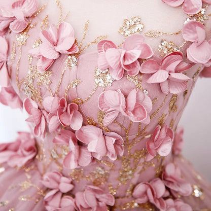 Princess Pink Tulle Long Prom Dresses, Ball Gown Flowers Quinceanera Dress GP539