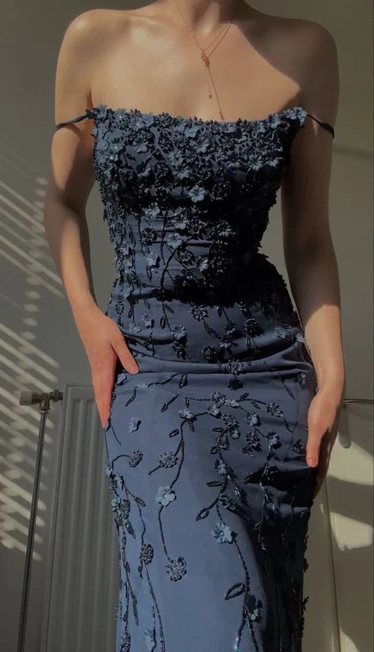 Vestido de fiesta azul marino con tirantes finos, corte tubo, largo, con apliques, TP4514