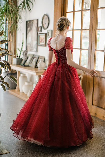 Burgundy Tulle Long Prom Dress with Sequins, A-Line Formal Evening Dress