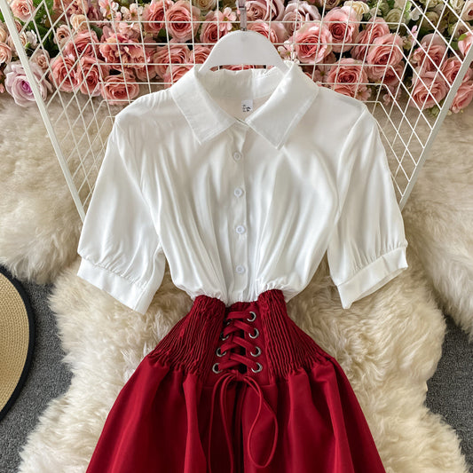 A-line umbrella skirt with contrast color stitching and slim waist  2888
