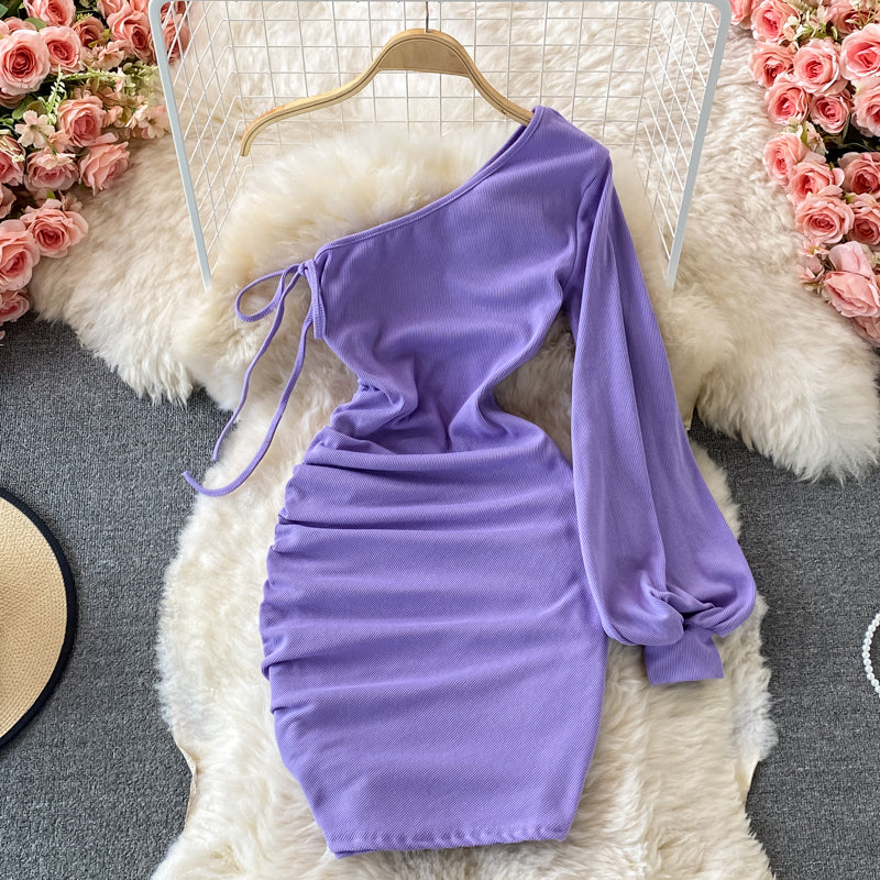 Sexy diagonal neck off shoulder one-sided dress  2738