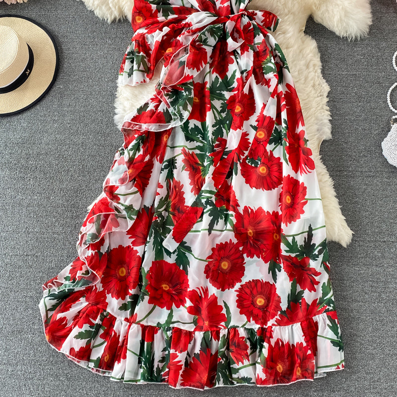 Slant neck one side off shoulder lace up Printed Dress  3195