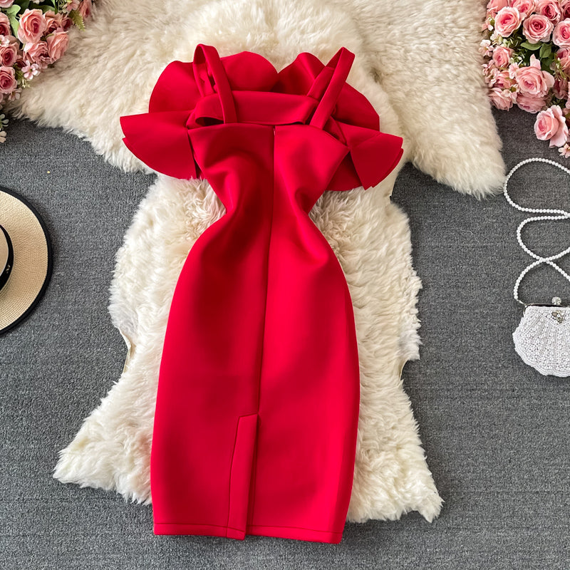Ruffled off shoulder and exposed shoulder bag hip dress  2748