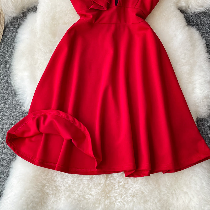 Slim slant neck off shoulder dress fluffy skirt  3200