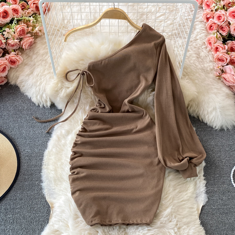 Sexy diagonal neck off shoulder one-sided dress  2738