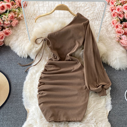 Sexy diagonal neck off shoulder one-sided dress  2738