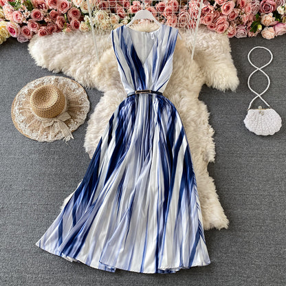 Gradient V-neck sleeveless dress temperament long skirt  3182