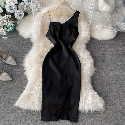 Sexy off shoulder low chest diagonal neck slim split hip dress  3054