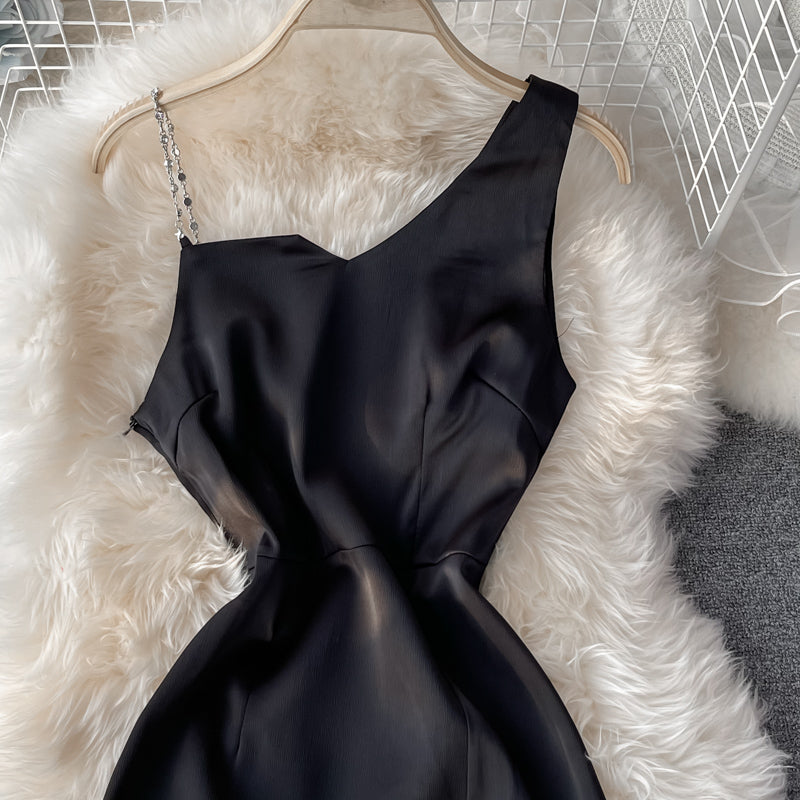 Sexy off shoulder low chest diagonal neck slim split hip dress  3054